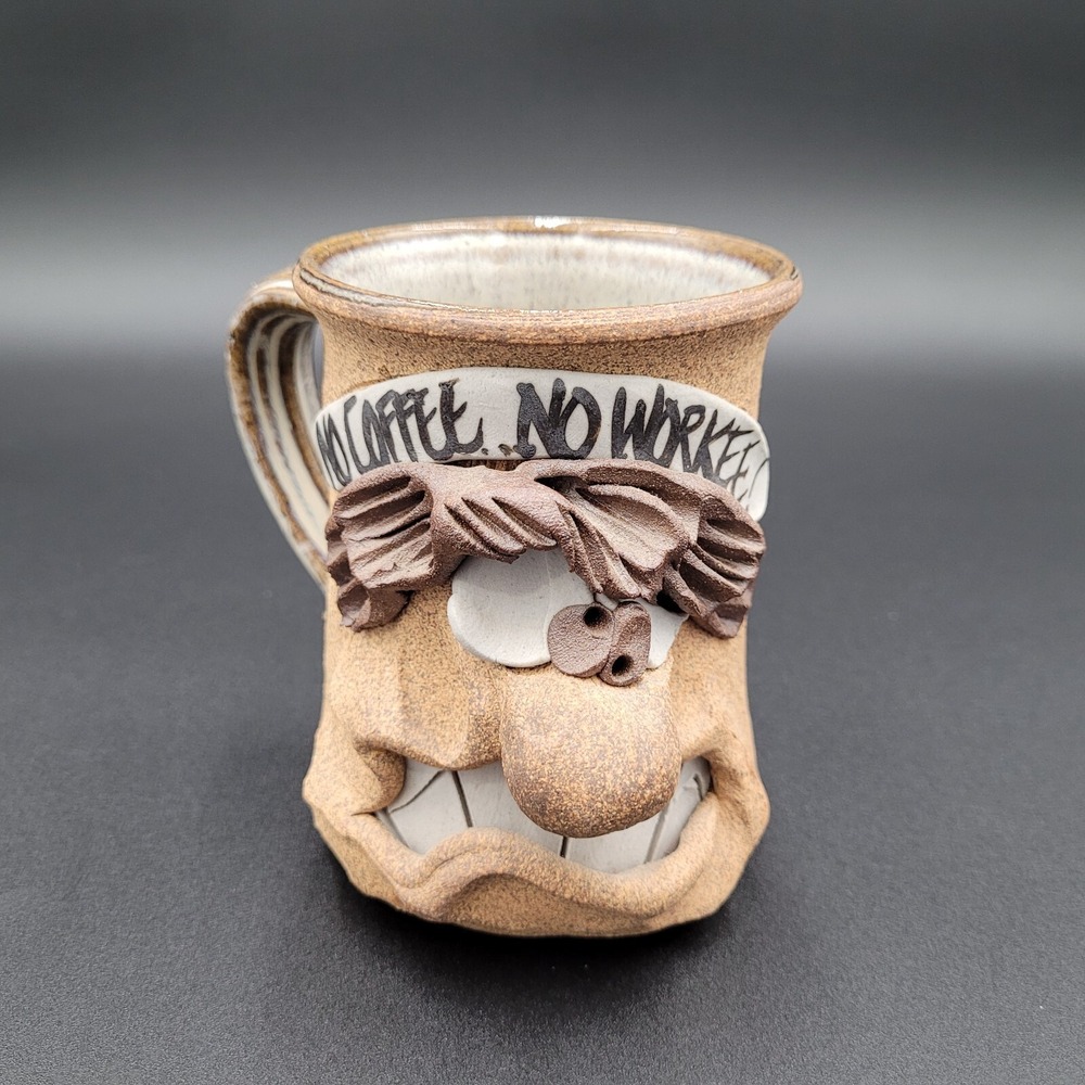 Vintage Stoneware Funny Face Coffee Cup Mug NO COFFEE NO WORKEE
